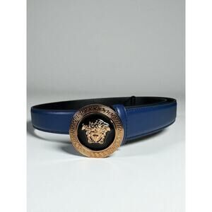 Versace Gold Medusa-Buckle Blue Leather Belt 95/38 Italy NWT $600 Authentic